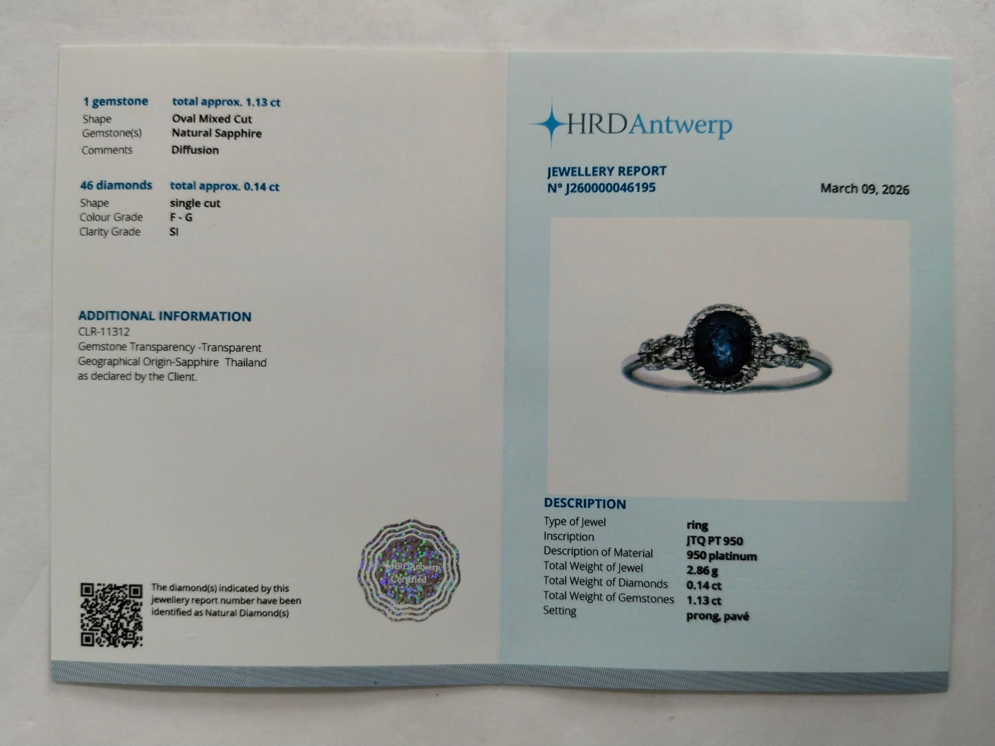 1.27 Ct Oval Mixed Cut Natural Sapphire 950 Platinum Ring