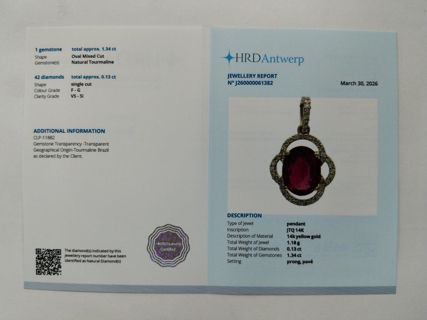 1.47 Ct Oval Mixed Cut Natural Tourmaline 14K Gold Pendant