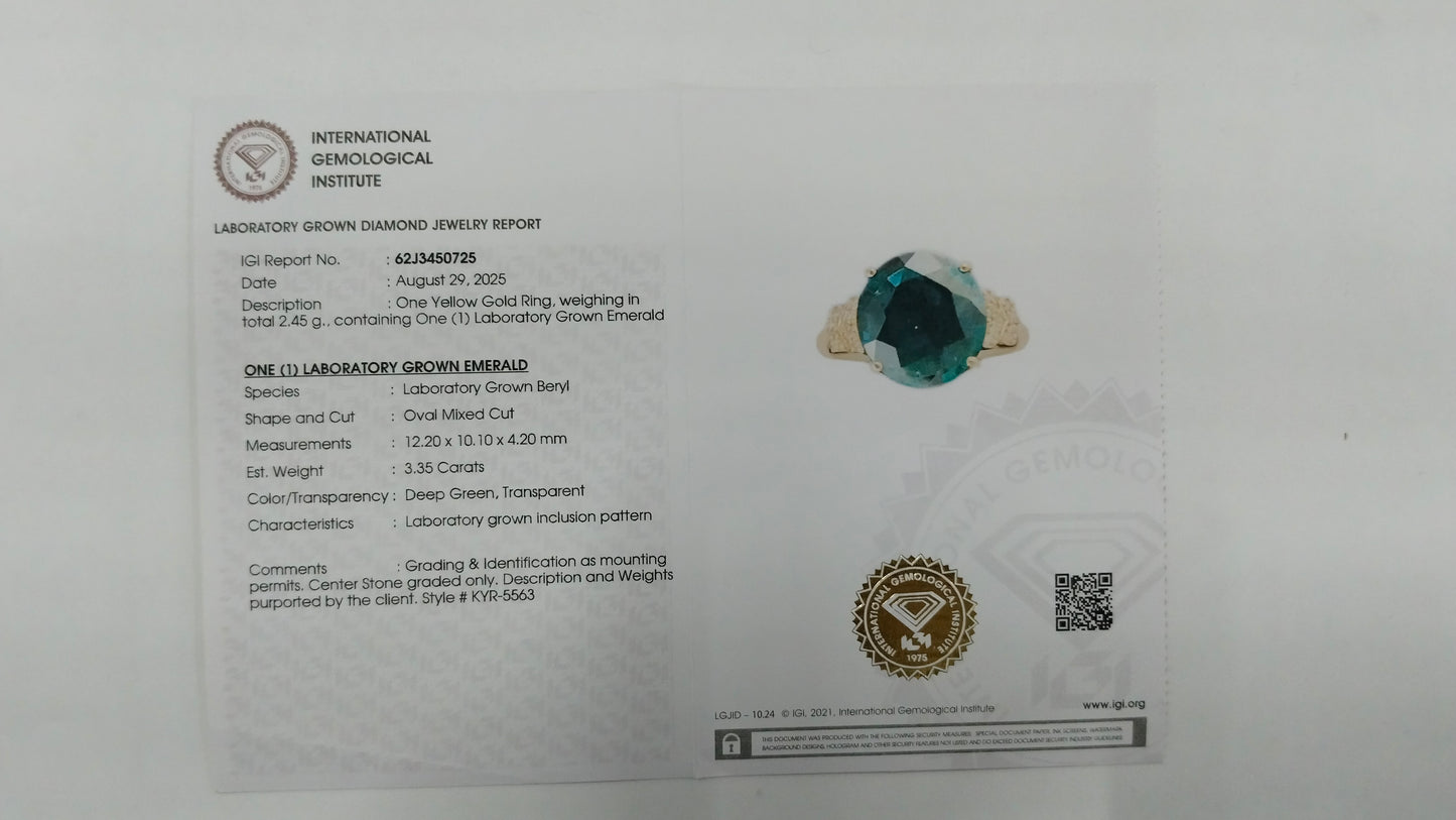 3.41 Ct Oval Mixed Cut Lab Grown Emerald 14K Gold Ring
