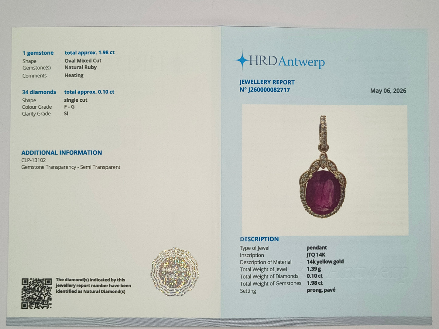 2.08 Ct Oval Mixed Cut Natural Ruby 14K Gold Pendant
