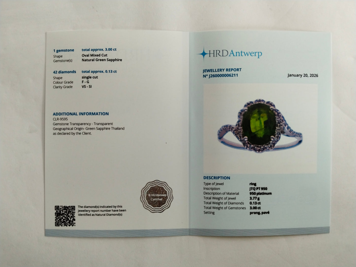 3.13 Ct Oval Mixed Cut Natural Green Sapphire 950 Platinum Ring