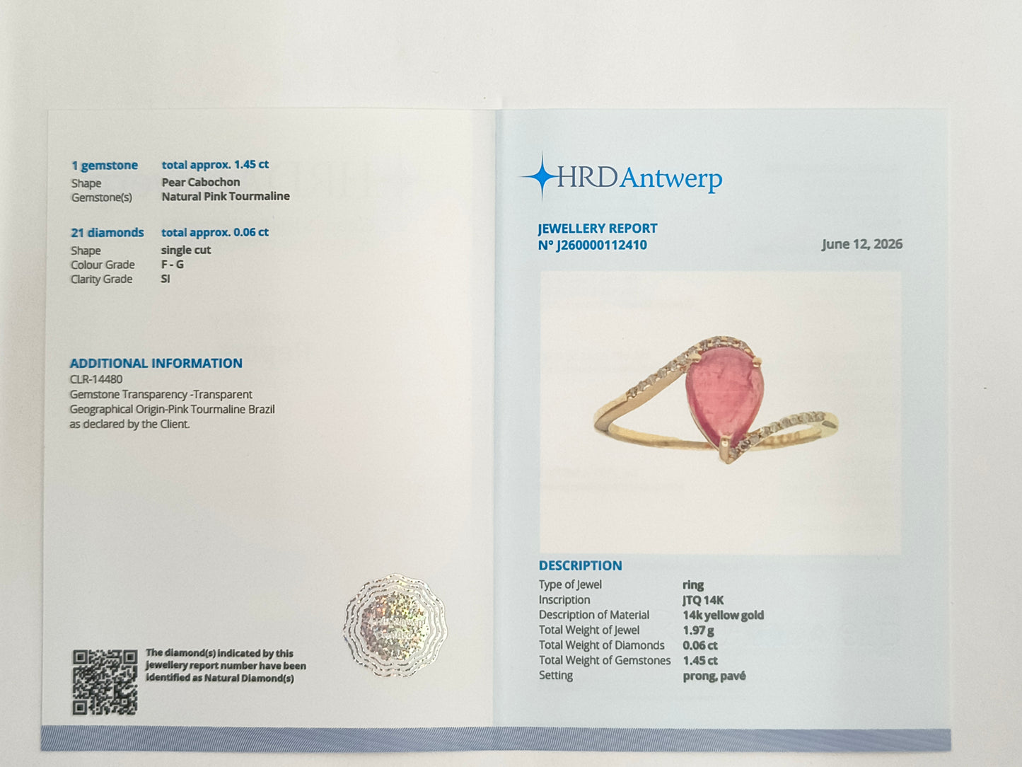 1.51 Ct Pear Cabochon Natural Pink Tourmaline 14K Gold Ring
