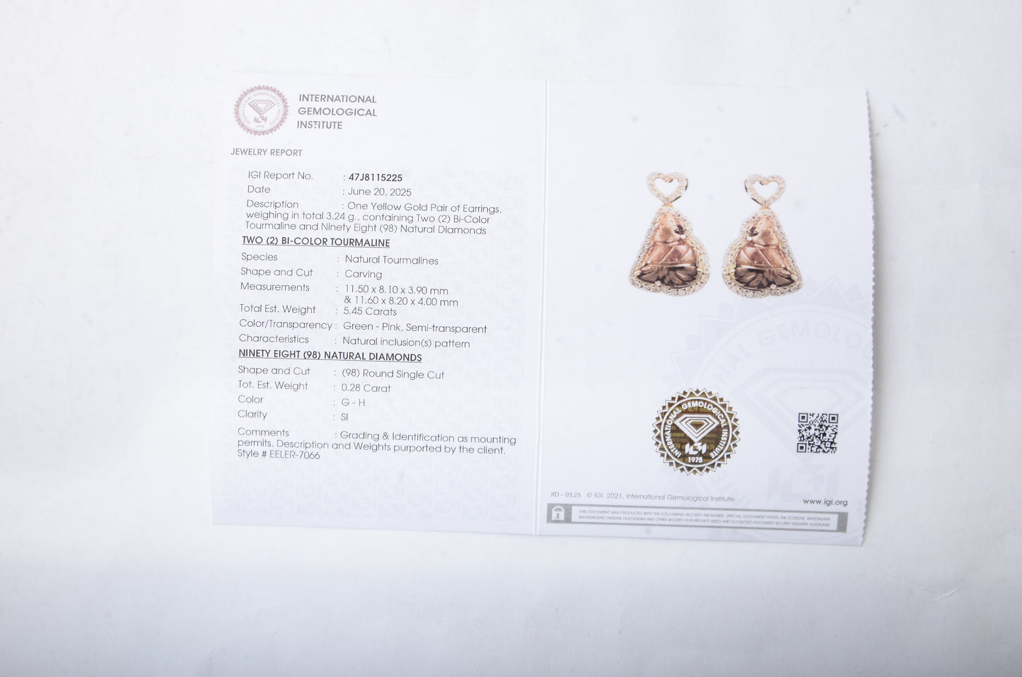 5.73 Ct Fancy Carving Natural Tourmaline 14K Gold Earrings