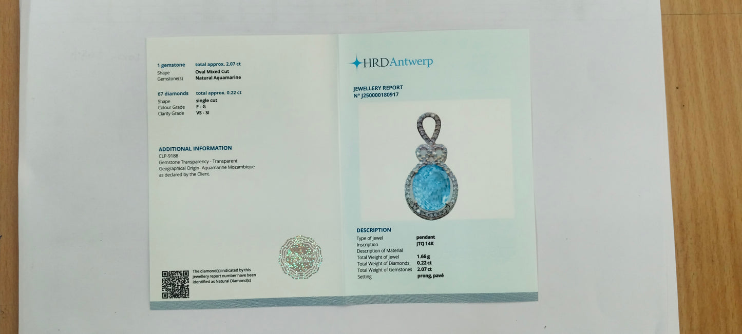 2.29 Ct Oval Mixed Cut Natural Aquamarine 14K Gold Pendant