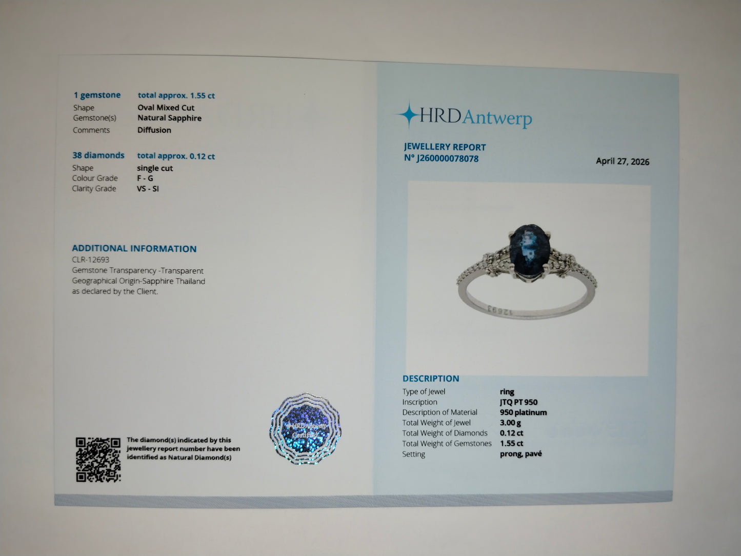 1.67 Ct Oval Mixed Cut Natural Sapphire 950 Platinum Ring