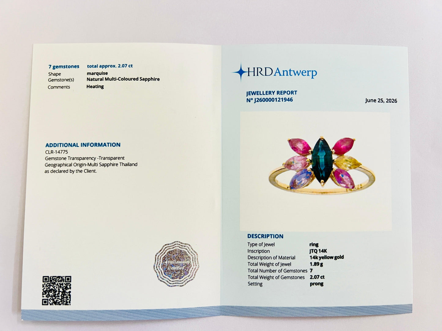 2.07 Ct Marquise Natural Multi-Coloured Sapphire 14K Gold Ring