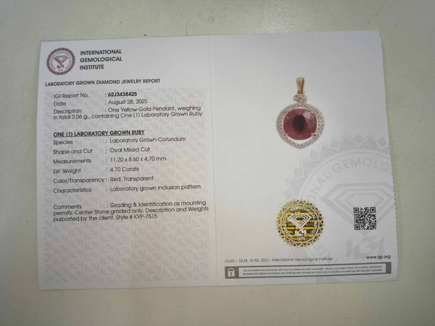4.95 Ct Oval Mixed Cut Lab Grown Ruby 14K Gold Pendant