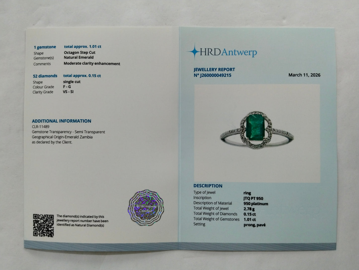 1.16 Ct Octagon Step Cut Natural Emerald 950 Platinum Ring