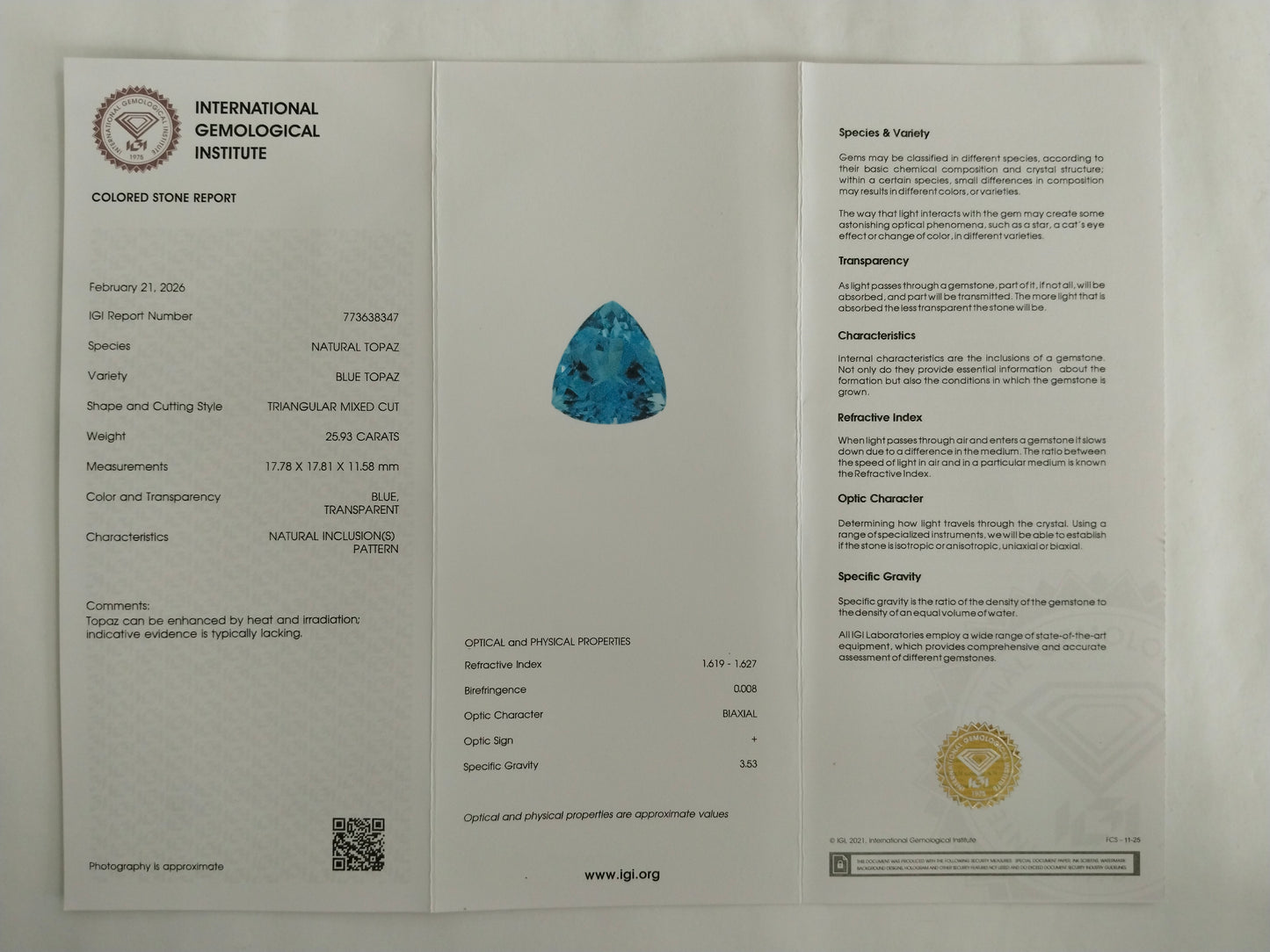 25.93 Natural Blue Topaz Triangular Mixed Cut Gemstone