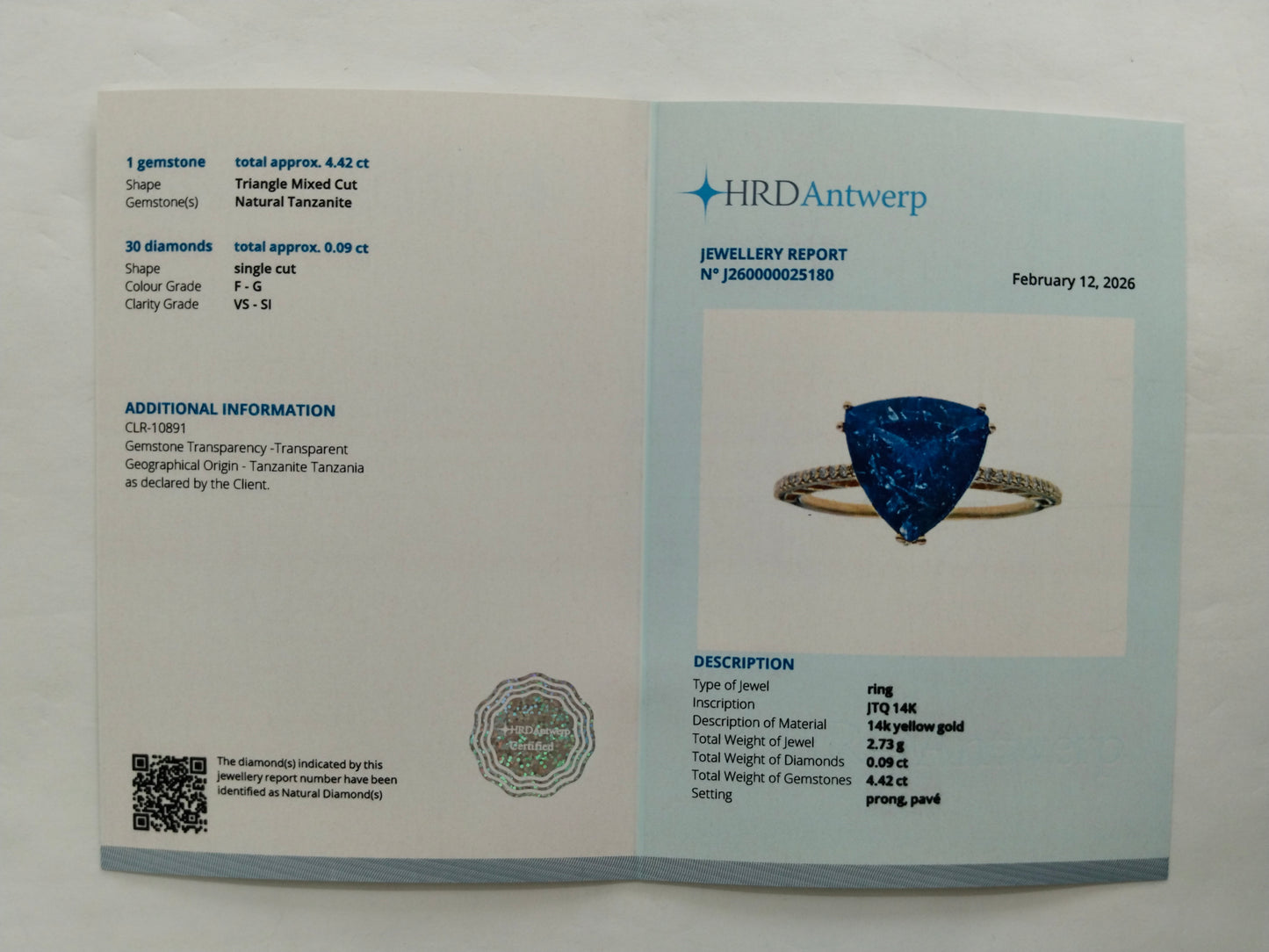 4.51 Ct Triangle Mixed Cut Natural Tanzanite 14K Gold Ring