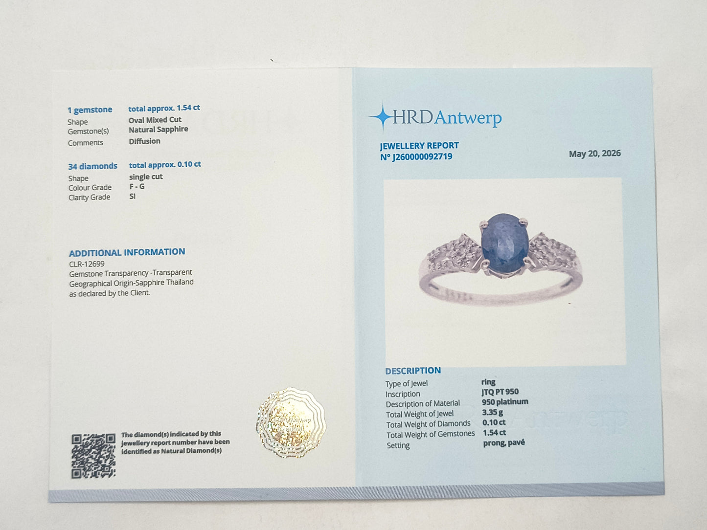 1.64 Ct Oval Sapphire 950 Platinum Ring