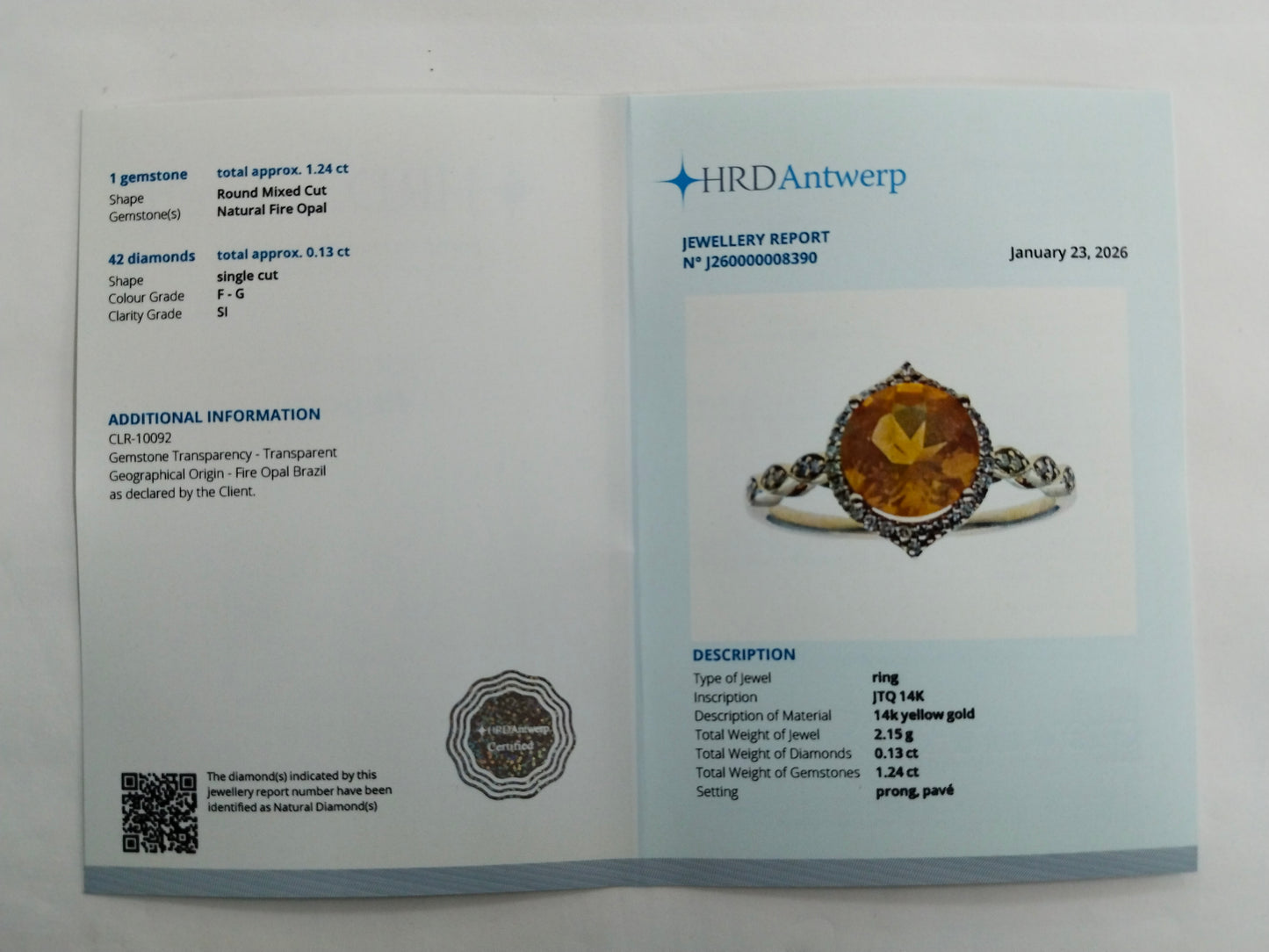 1.37 Ct Round Mixed Cut Natural Fire Opal 14K Gold Ring