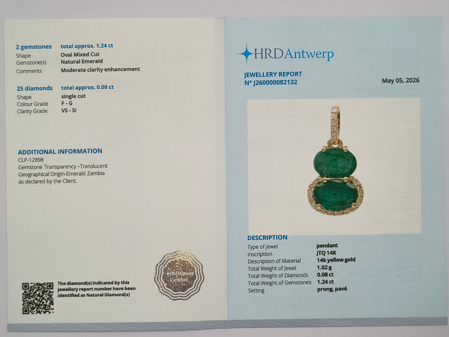 1.32 Ct Oval Mixed Cut Natural Emerald 14K Gold Pendant