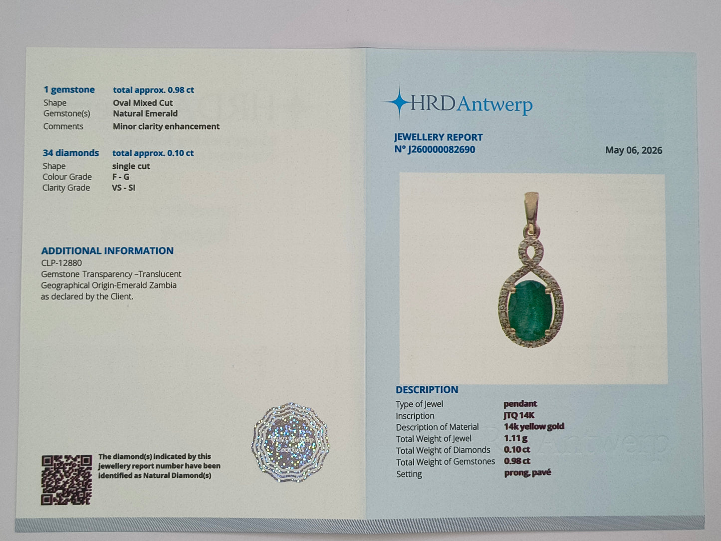 1.08 Ct Oval Mixed Cut Natural Emerald 14K Gold Pendant