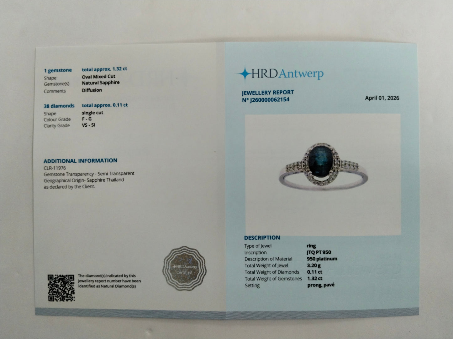 1.43 Ct Oval Mixed Cut Natural Sapphire 950 Platinum Ring