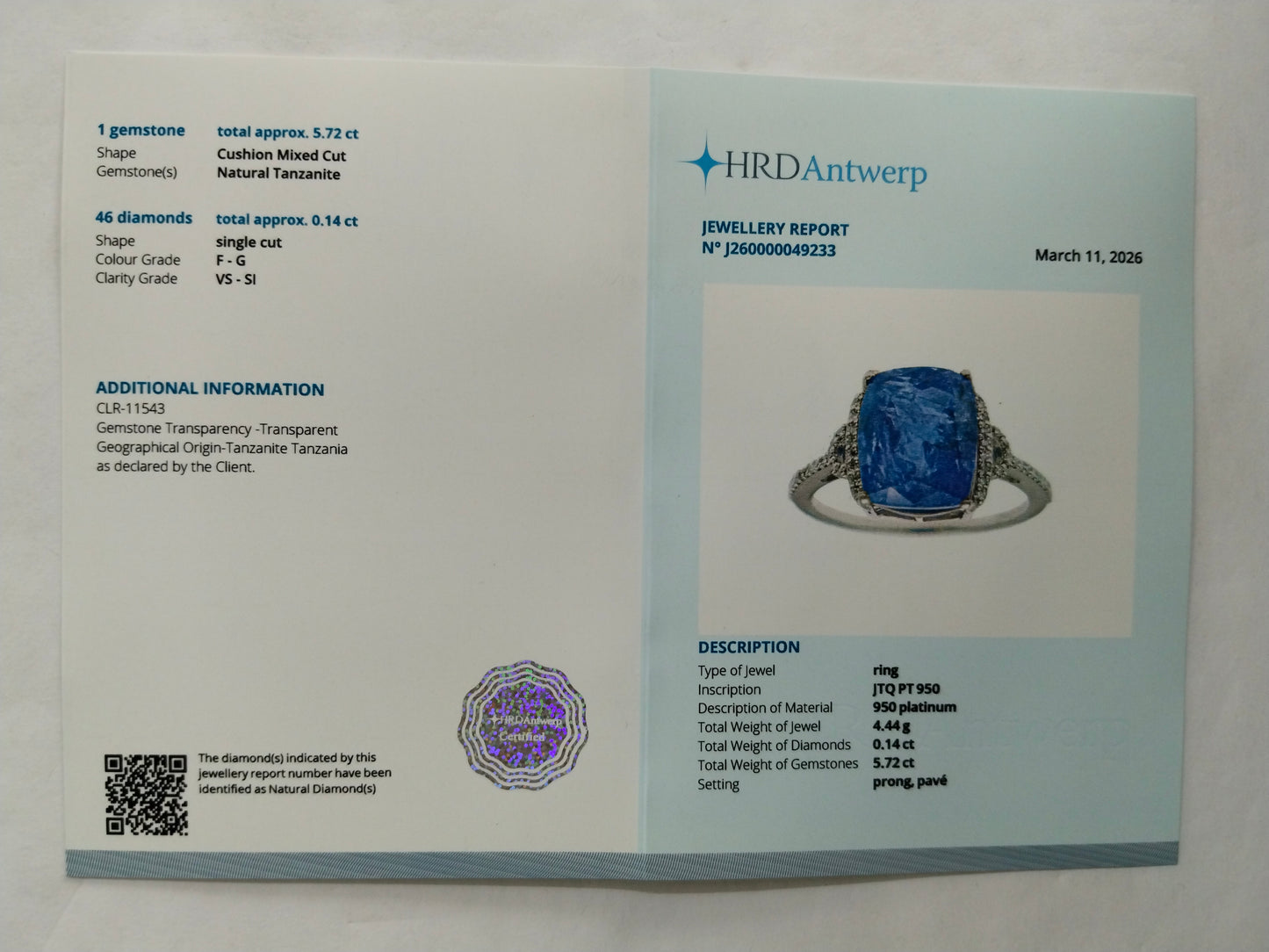 5.86 Ct Cushion Mixed Cut Natural Tanzanite 950 Platinum Ring
