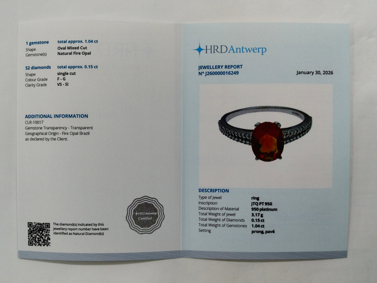 1.19 Ct Oval Mixed Cut Natural Fire Opal 950 Platinum Ring