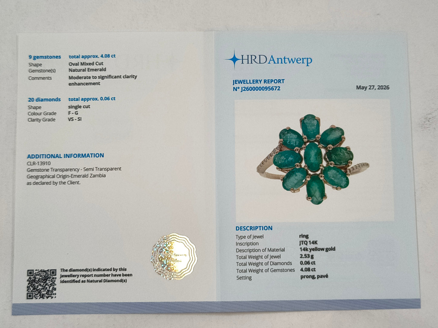 4.14 Ct Oval Mixed Cut Natural Emerald 14K Gold Ring