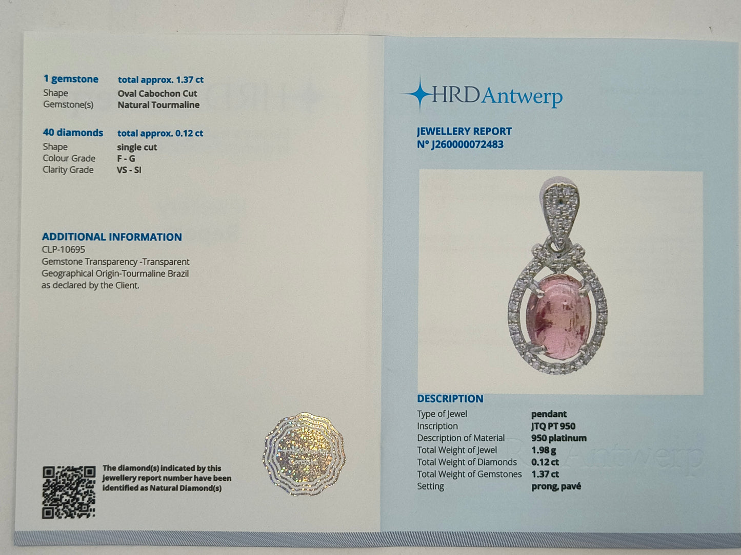 1.49 Ct Oval Cabochon Cut Natural Tourmaline 950 Platinum Pendant