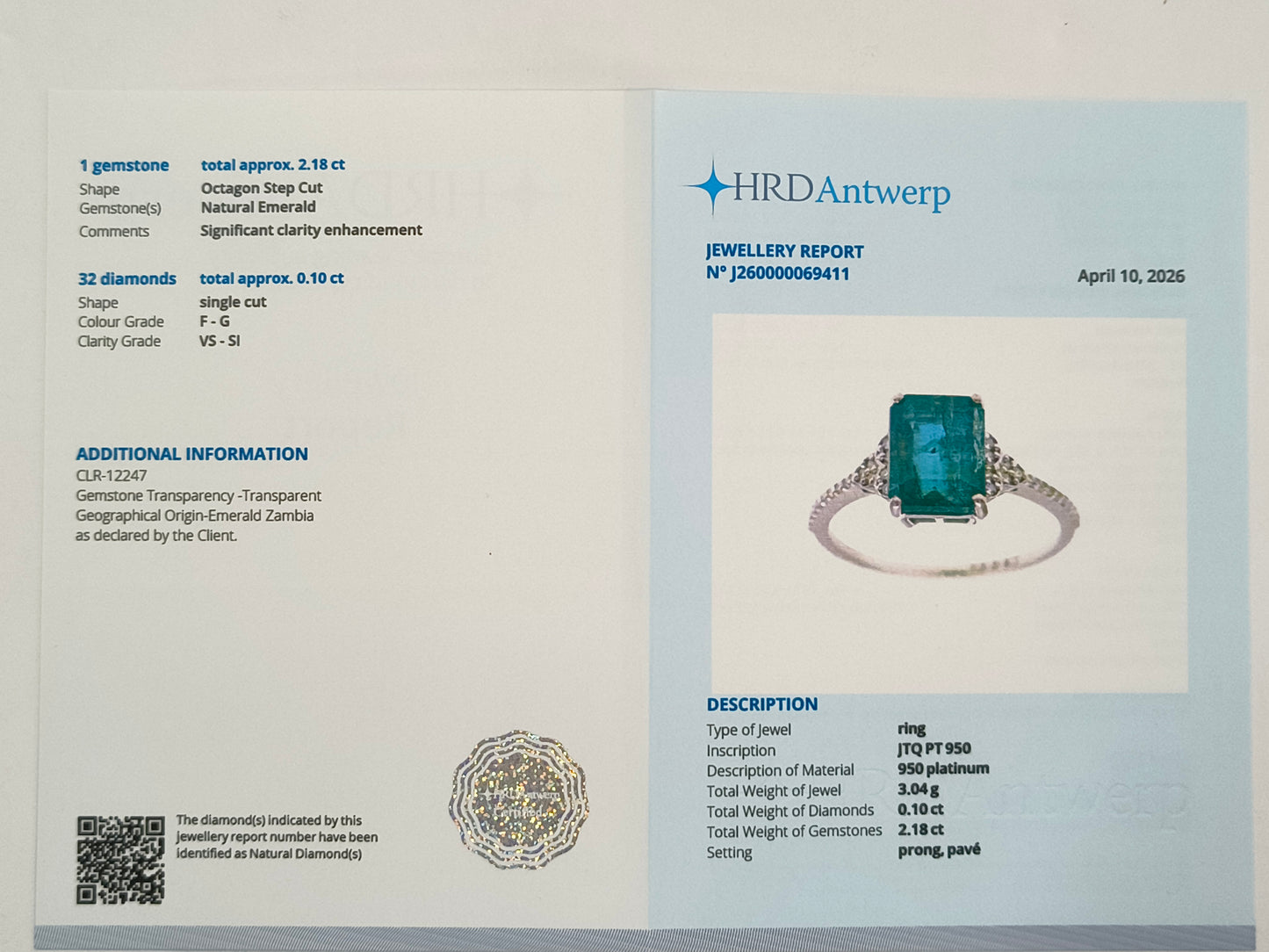 2.28 Ct Octagon Step Cut Natural Emerald 950 Platinum Ring