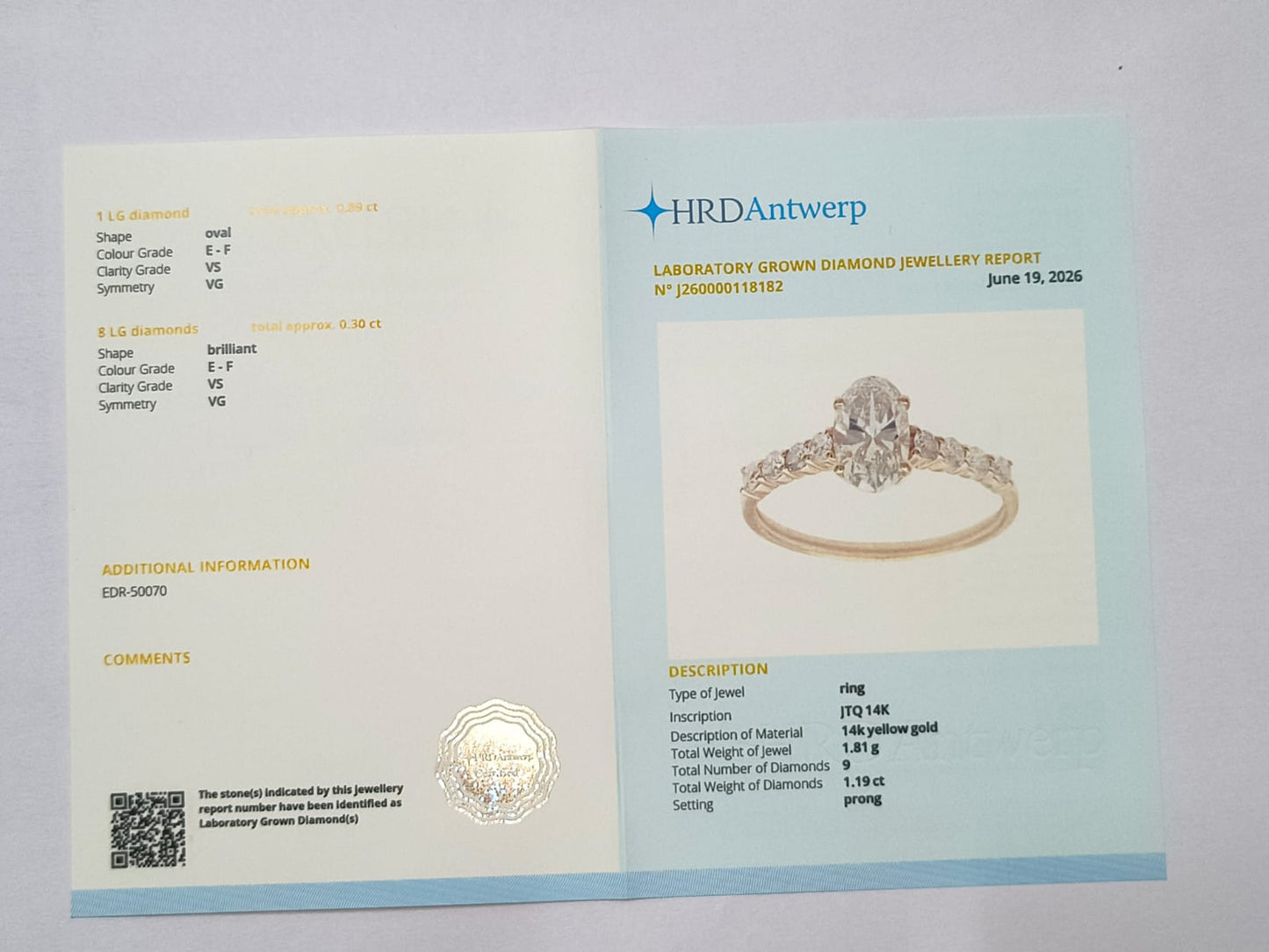 1.19 Ct Oval Lab Grown Diamond 14K Gold Ring