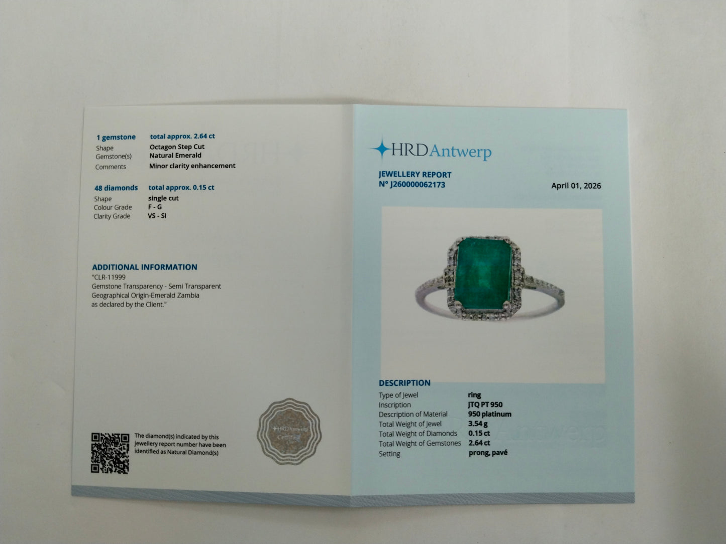 2.79 Ct Octagon Step Cut Natural Emerald 950 Platinum Ring