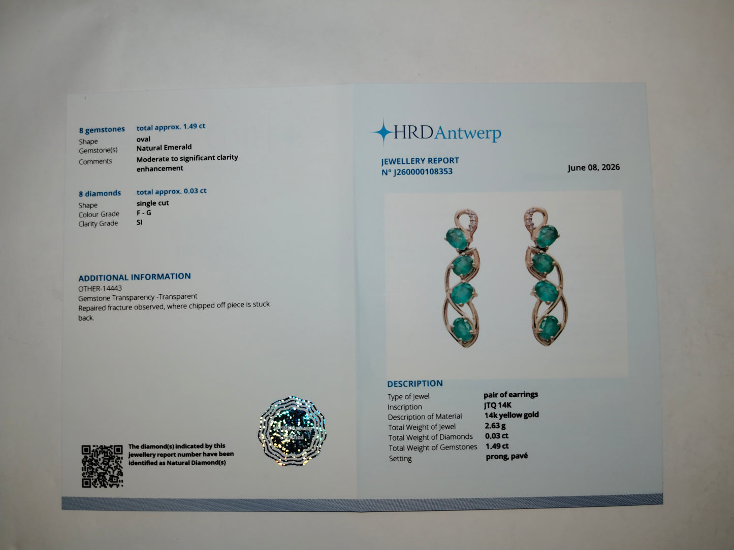 1.52 Ct Oval Mixed Cut Natural Emerald 14K Gold Earrings