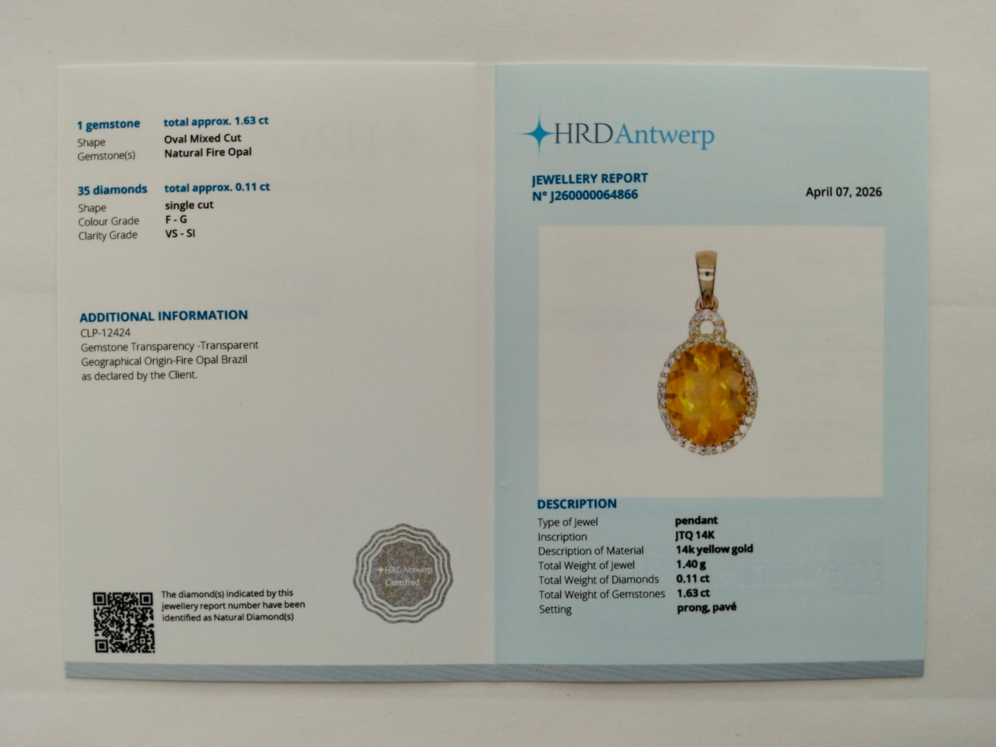 1.74 Ct Oval Mixed Cut Natural Fire Opal 14K Gold Pendant