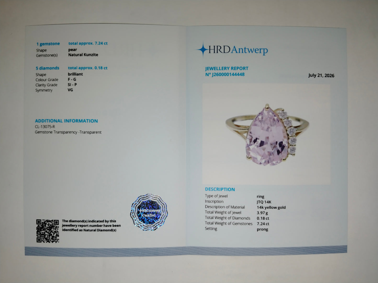 7.42 Ct Pear Natural Kunzite 14K Gold Ring