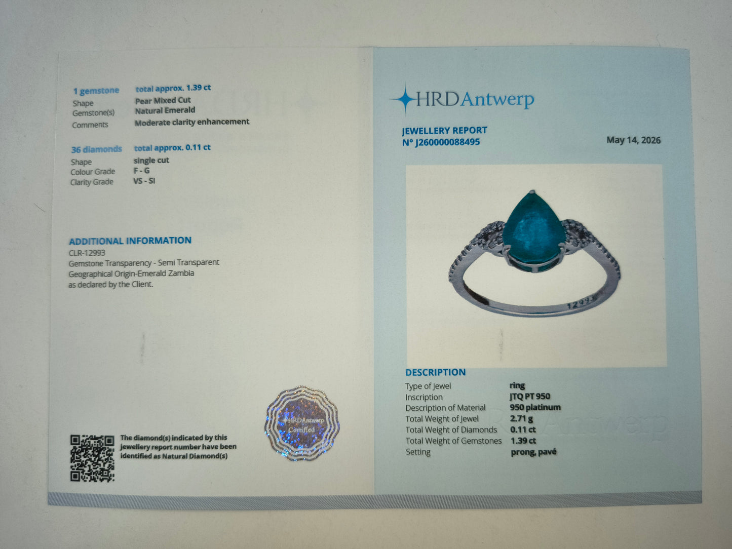 2.41 Ct Pear Mixed Cut Natural Emerald 950 Platinum Ring