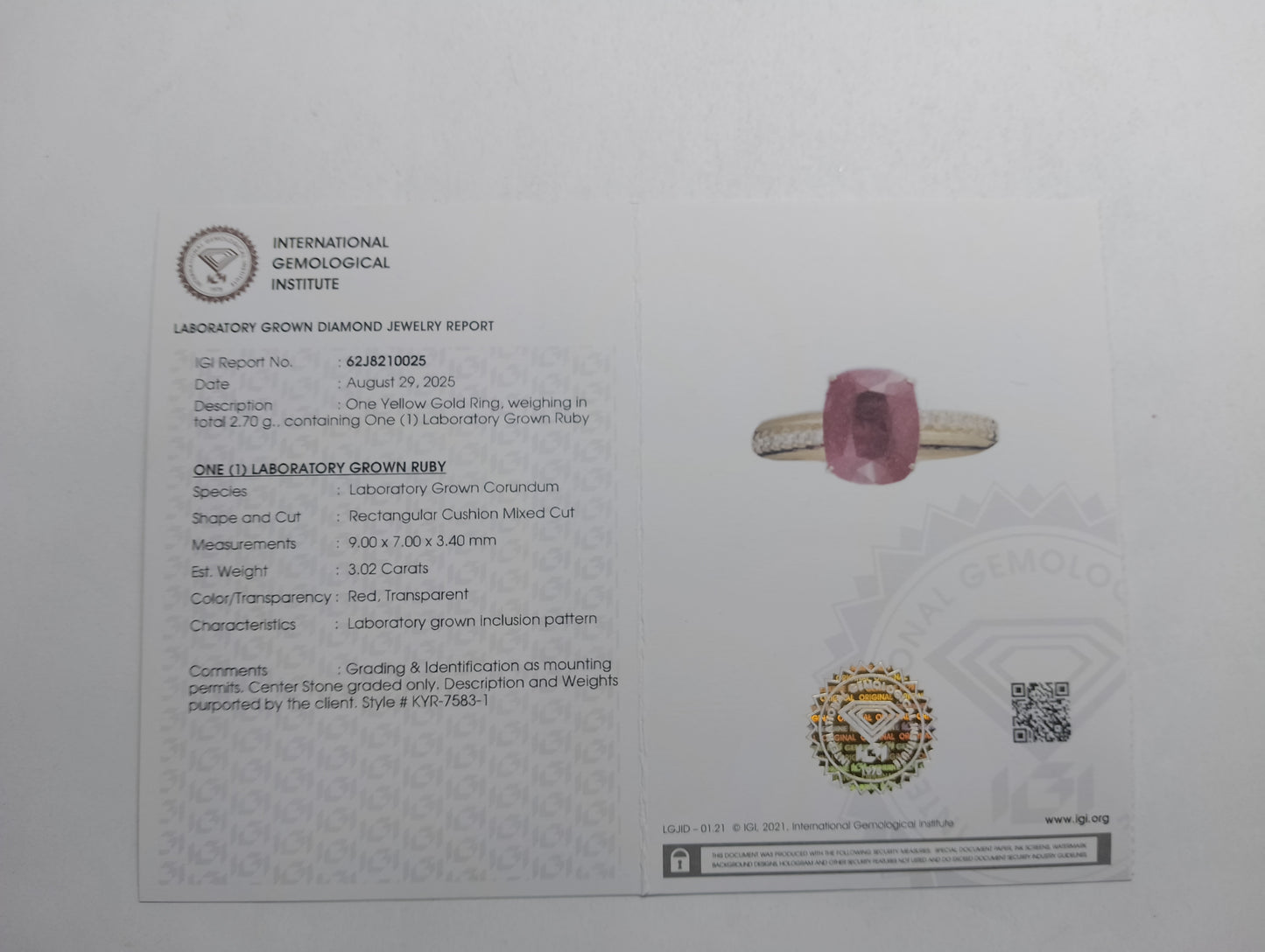3.13 Ct Rectangular Cushion Mixed Cut Lab Grown Ruby 14K Gold Ring