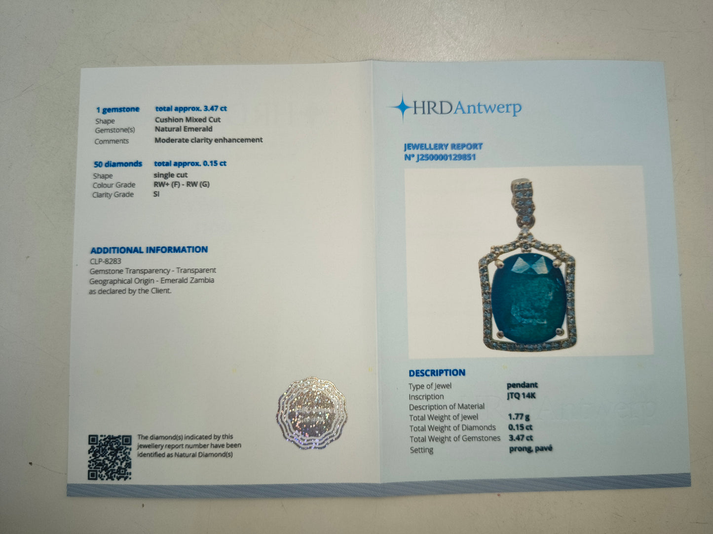 3.62 Ct Cushion Natural Emerald 14K Gold Pendant