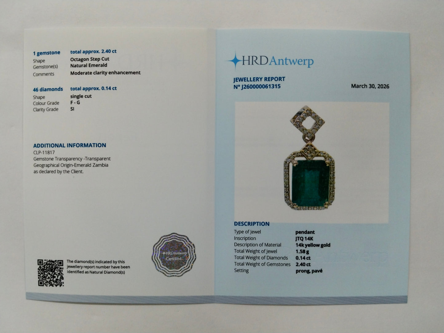 2.54 Ct Octagon Step Cut Natural Emerald 14K Gold Pendant