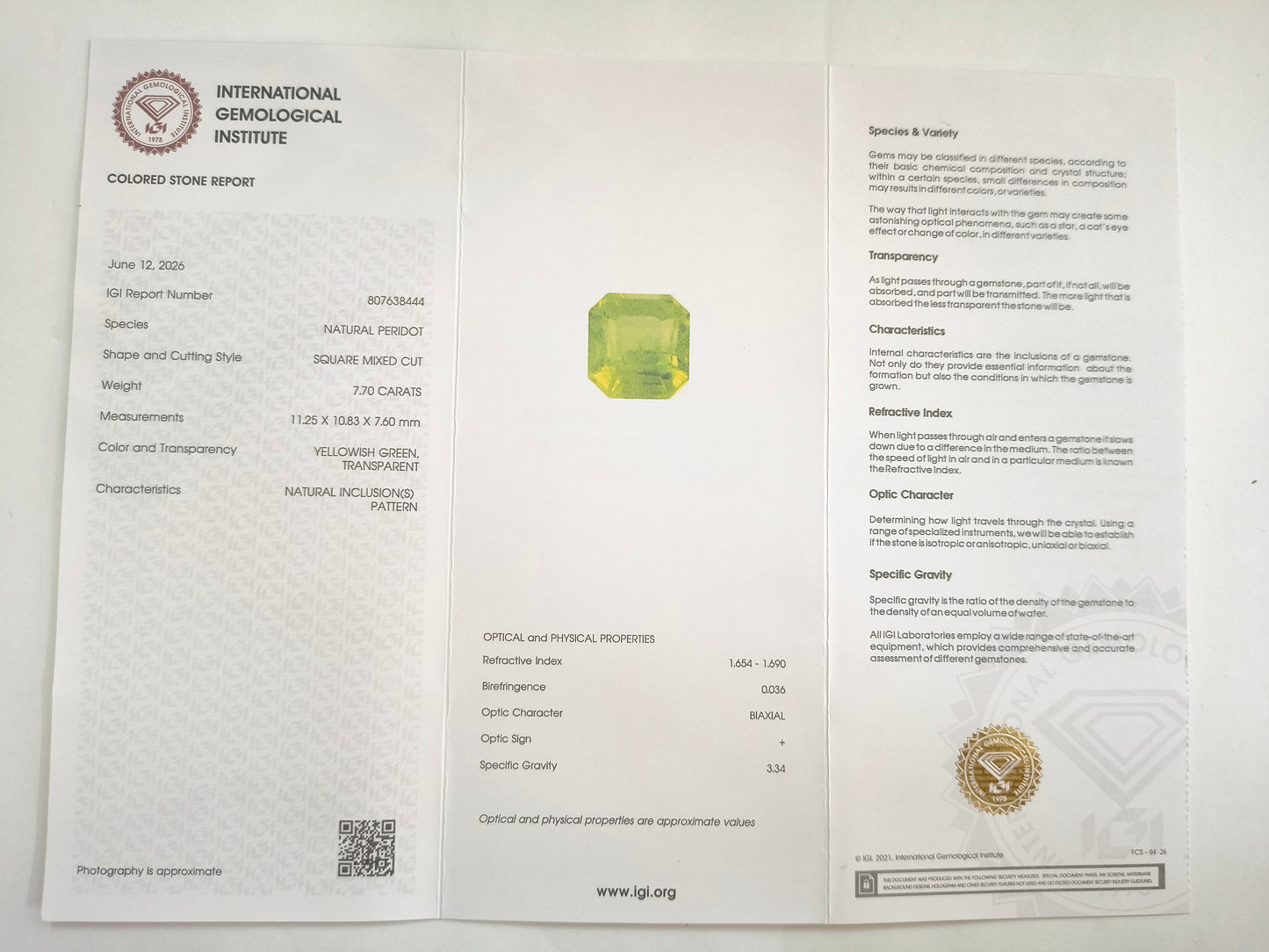 7.83 Natural Peridot Square Mixed Cut Gemstone