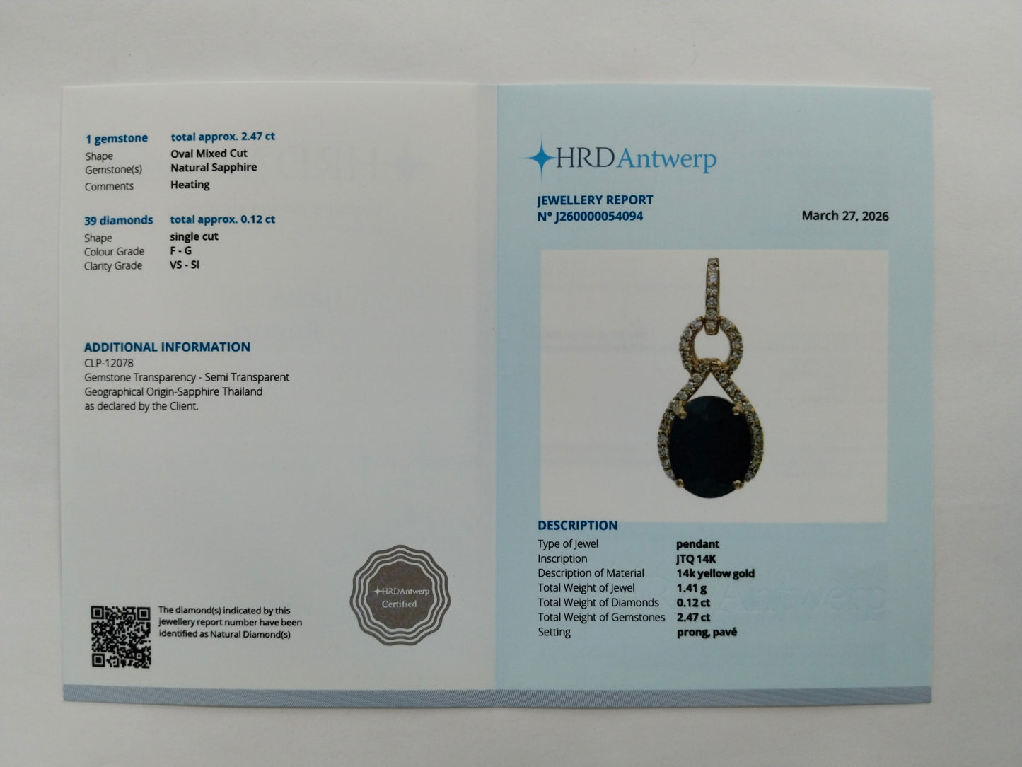 2.59 Ct Oval Mixed Cut Natural Sapphire 14K Gold Pendant