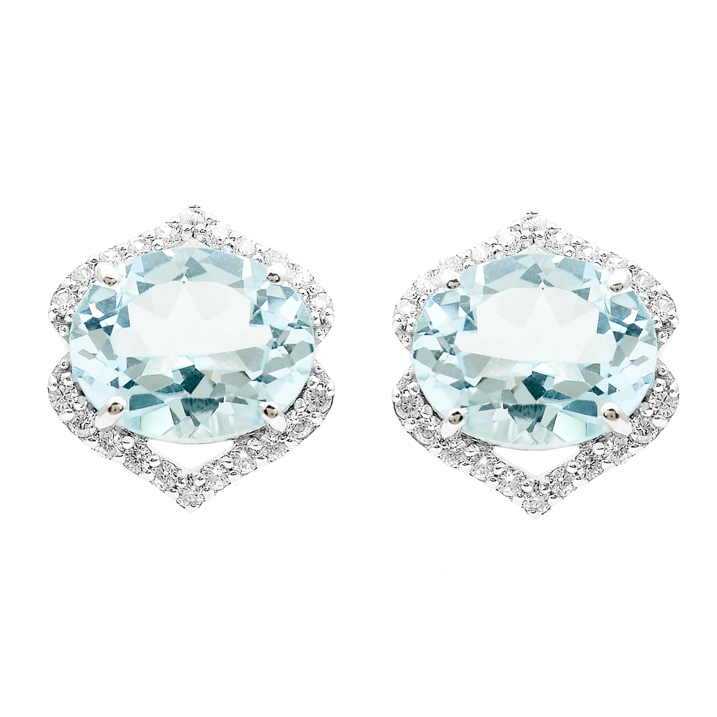 6.39 Ct Oval Blue Topaz, White Zircon 925 Sterling Silver Earrings