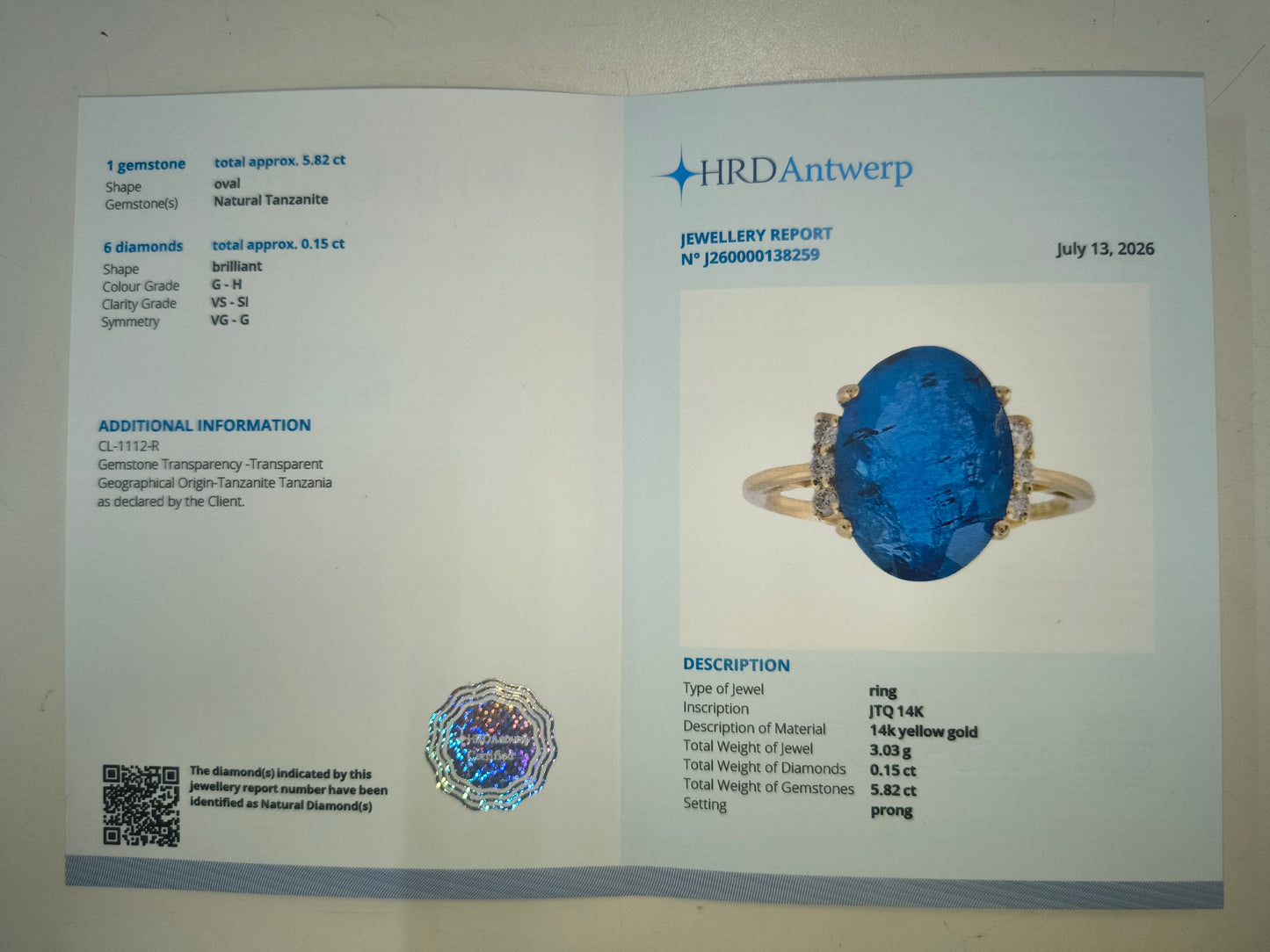 5.97 Ct Oval Natural Tanzanite 14K Gold Ring