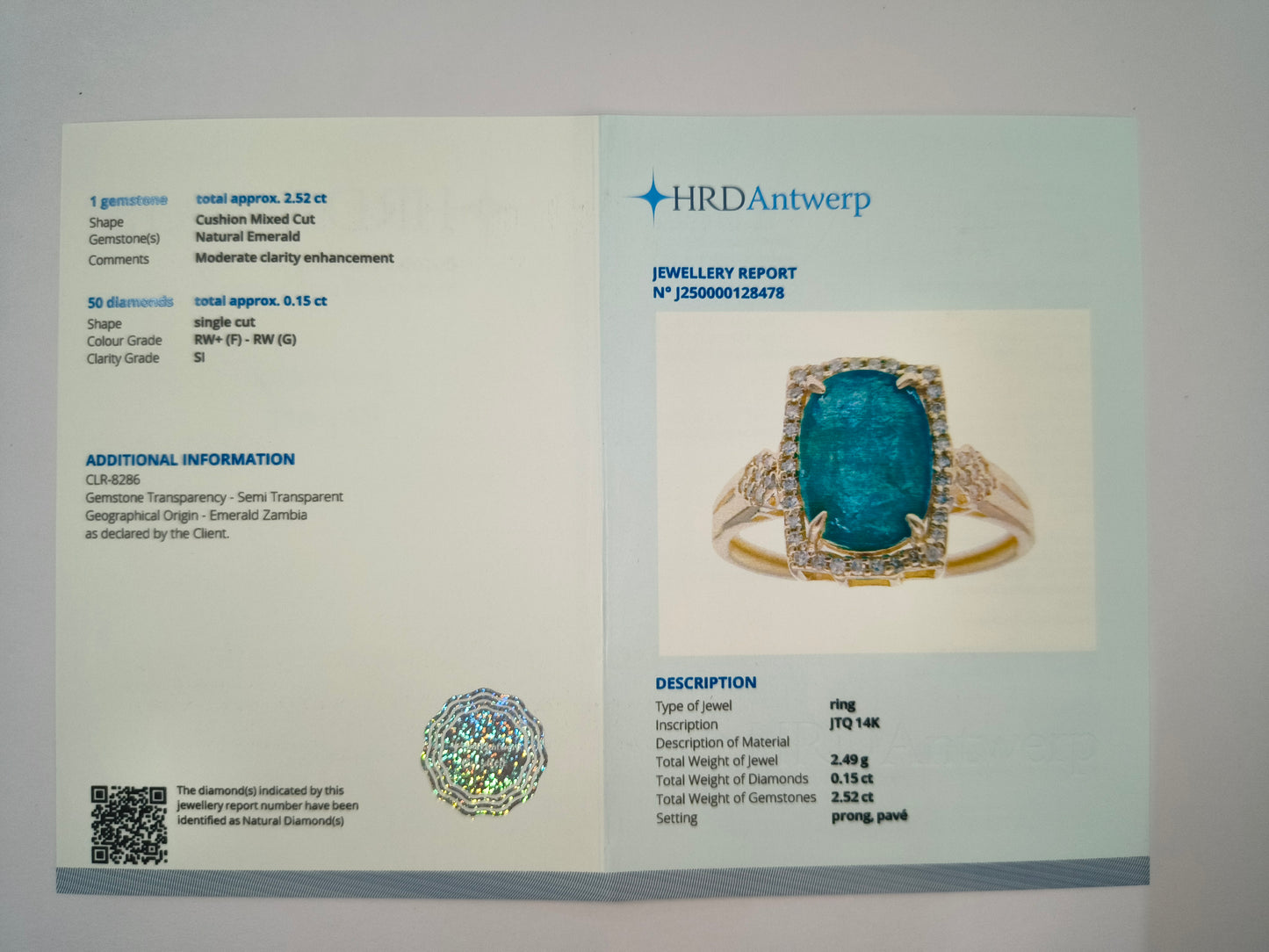 2.67 Ct Cushion Natural Emerald 14K Gold Ring