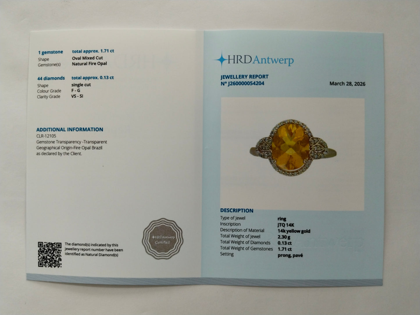 1.84 Ct Oval Mixed Cut Natural Fire Opal 14K Gold Ring