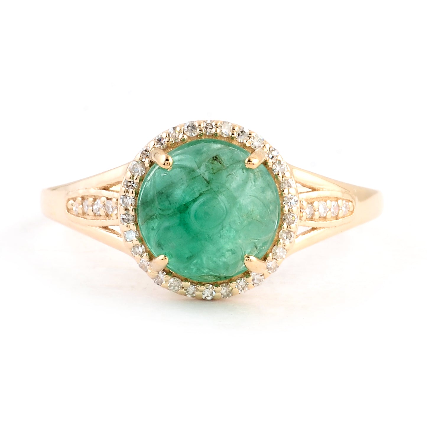 2.20 Ct Round Carving Natural Beryl Emerald 14K Gold Ring