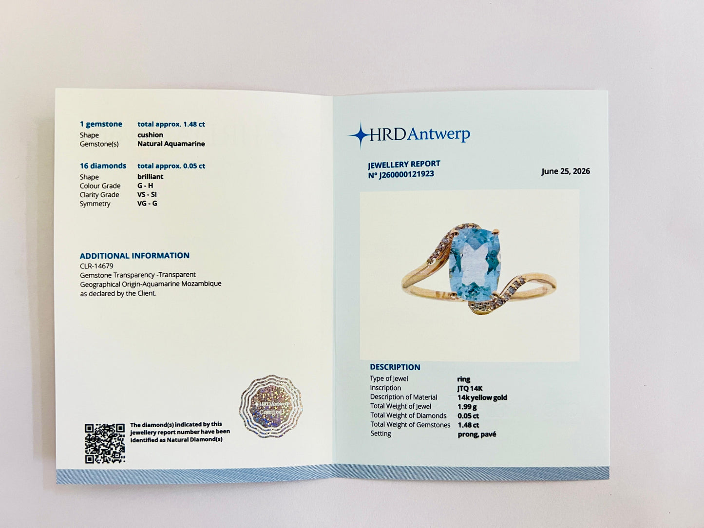 1.53 Ct Cushion Natural Aquamarine 14K Gold Ring