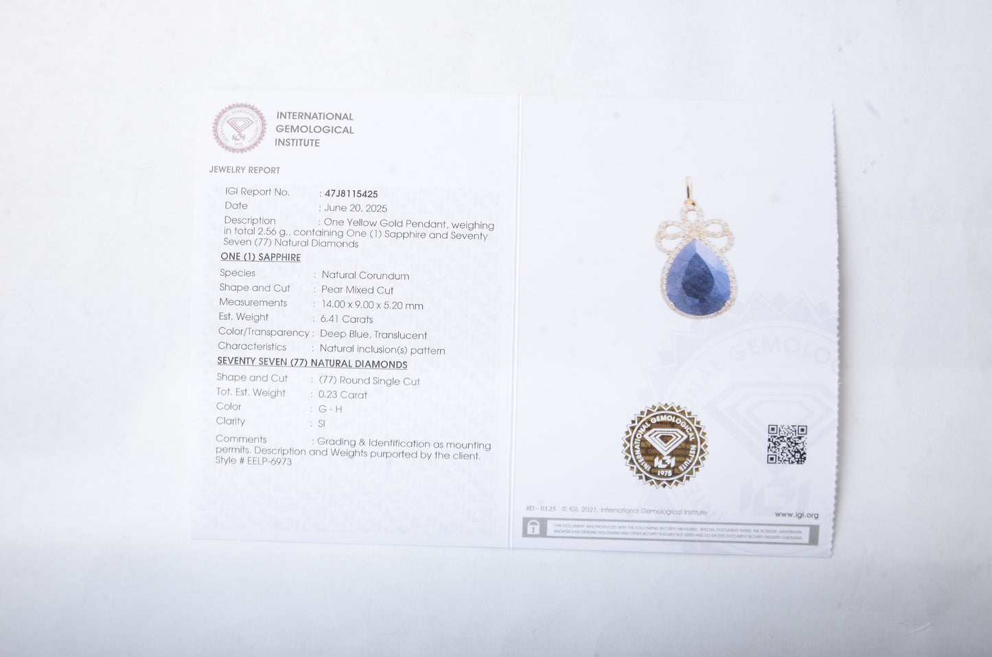 6.64 Ct Pear Mixed Cut Natural Corundum Sapphire 14K Gold Pendant