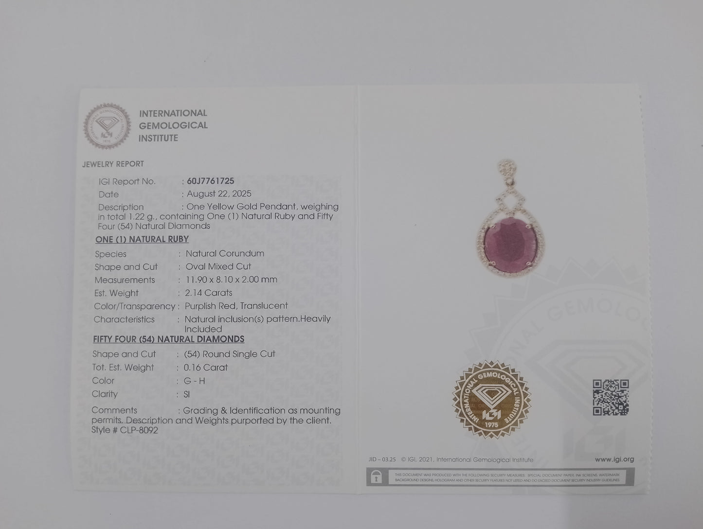 2.30 Ct Oval Mixed Cut Natural Corundum Ruby 14K Gold Pendant