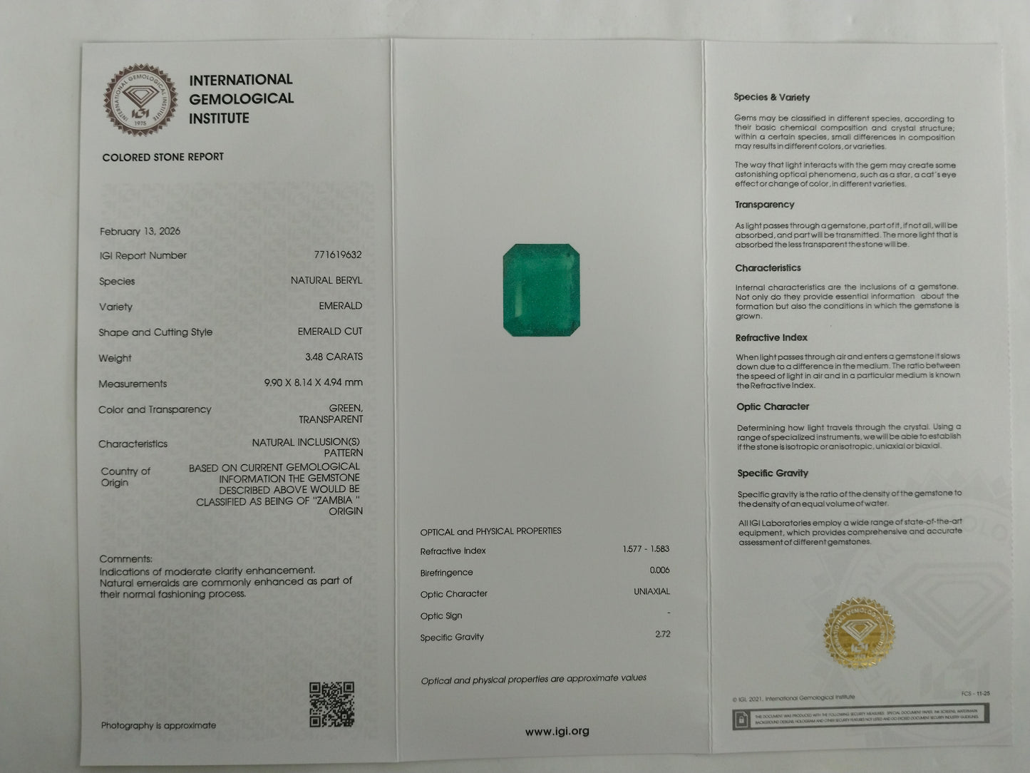 3.48 Natural Beryl Emerald Emerald Cut Gemstone
