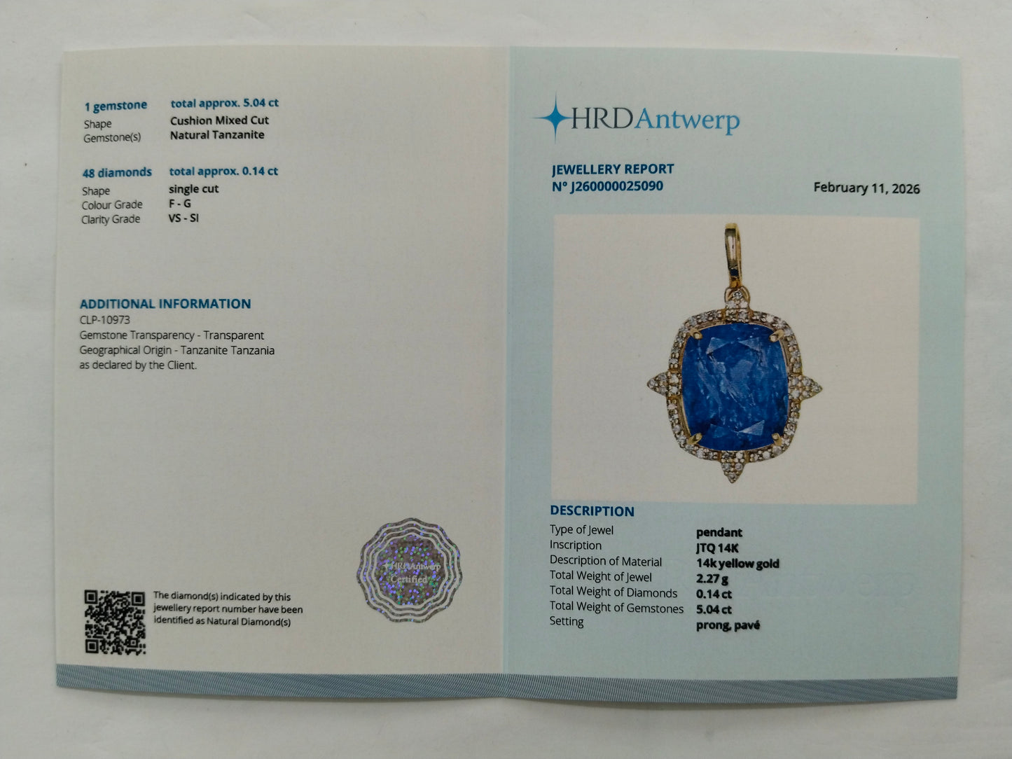 5.18 Ct Cushion Mixed Cut Natural Tanzanite 14K Gold Pendant