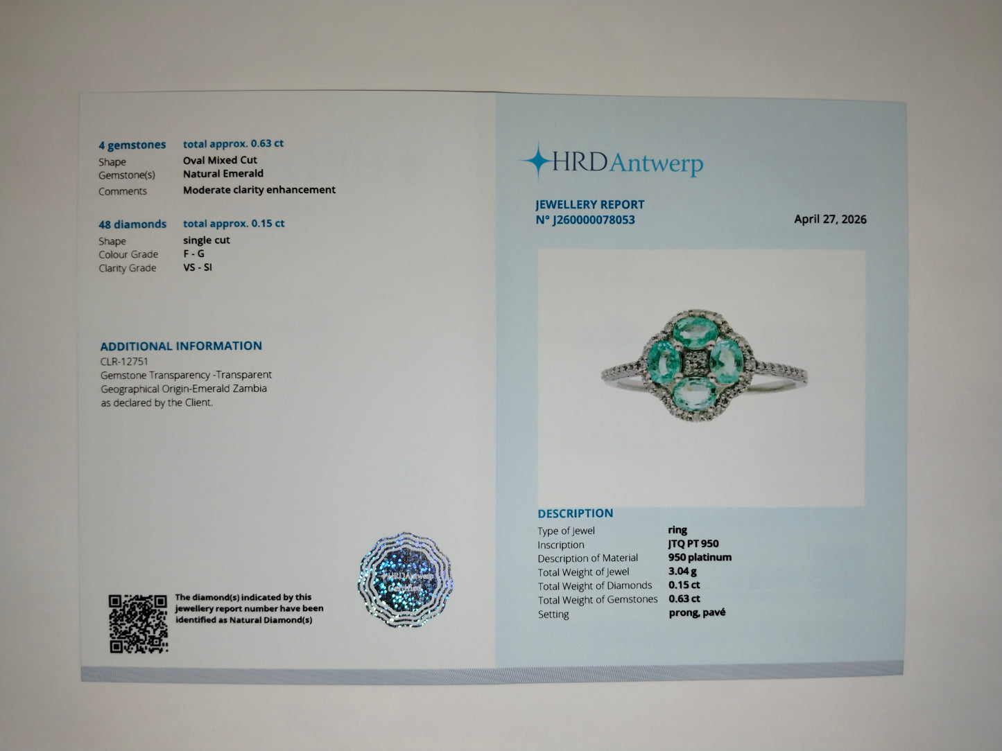 0.78 Ct Oval Mixed Cut Natural Emerald 950 Platinum Ring