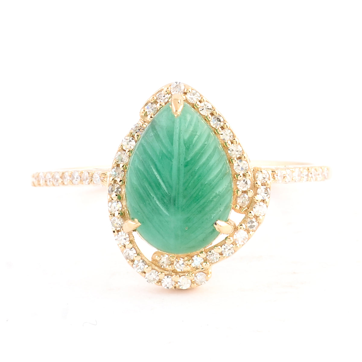 1.98 Ct Pear Carving Natural Beryl Emerald 14K Gold Ring