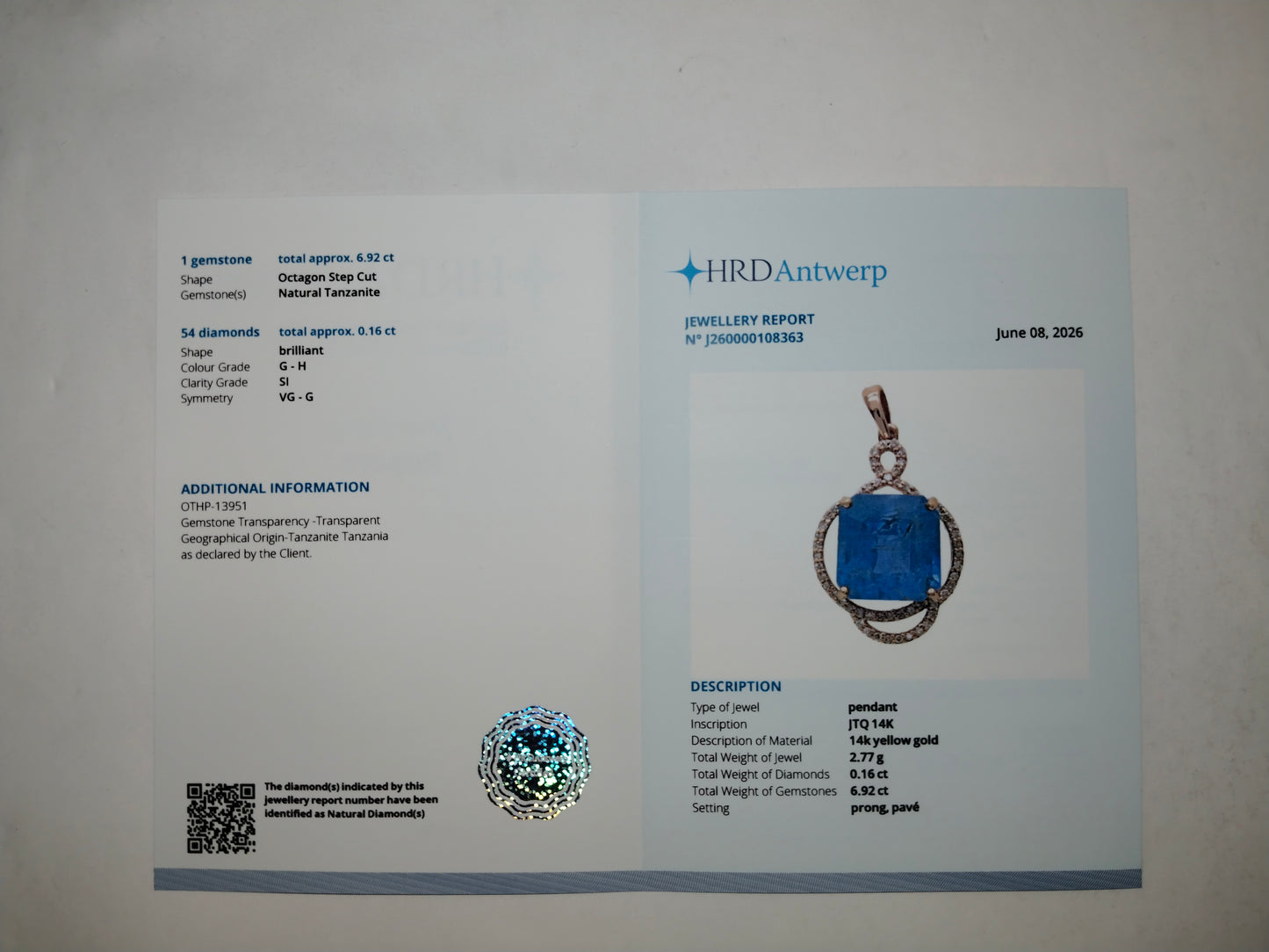 7.08 Ct Octagon Step Cut Natural Tanzanite 14K Gold Pendant