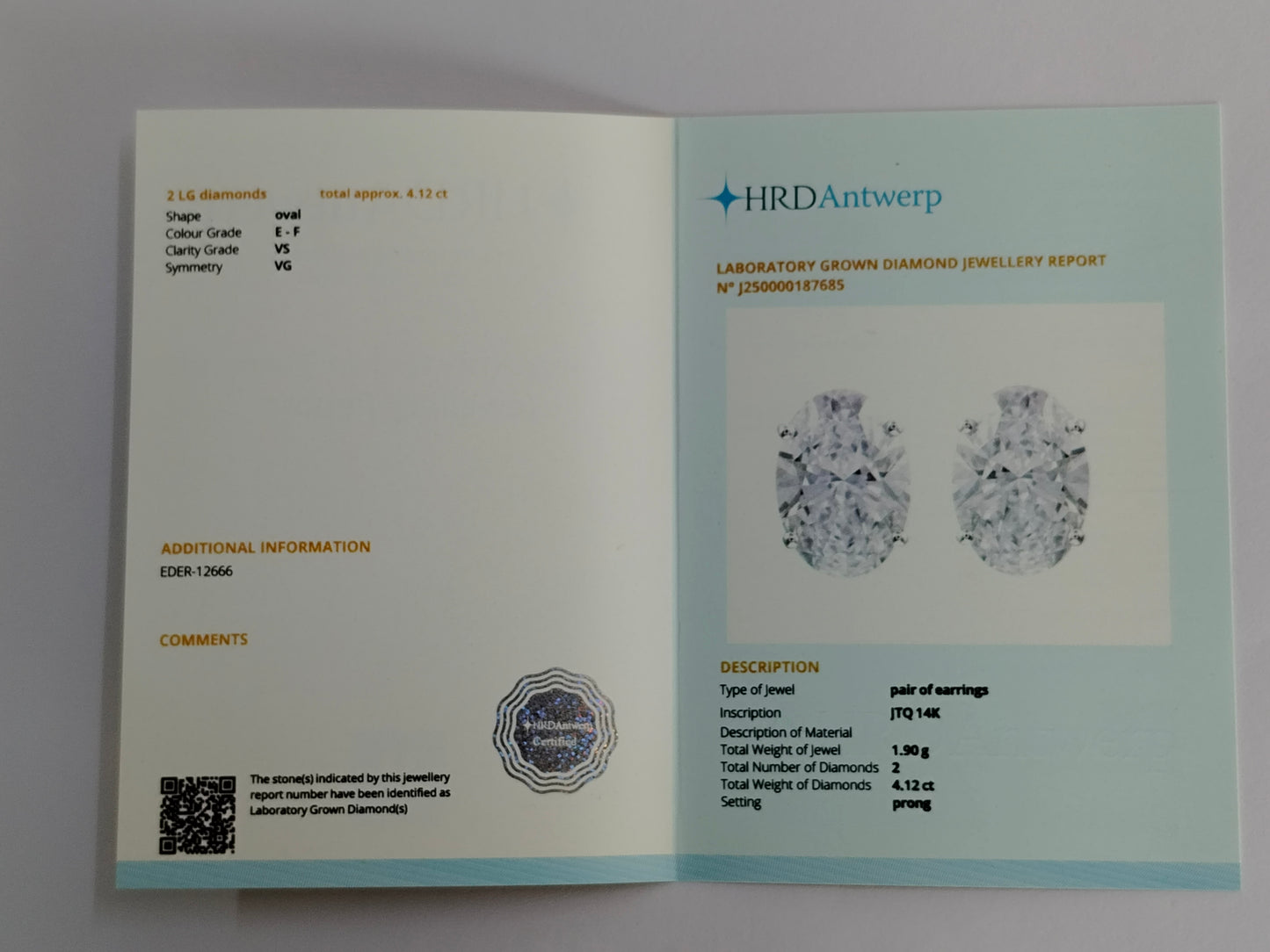 4.12 Carats Lab Grown Diamond 14K Gold Earrings