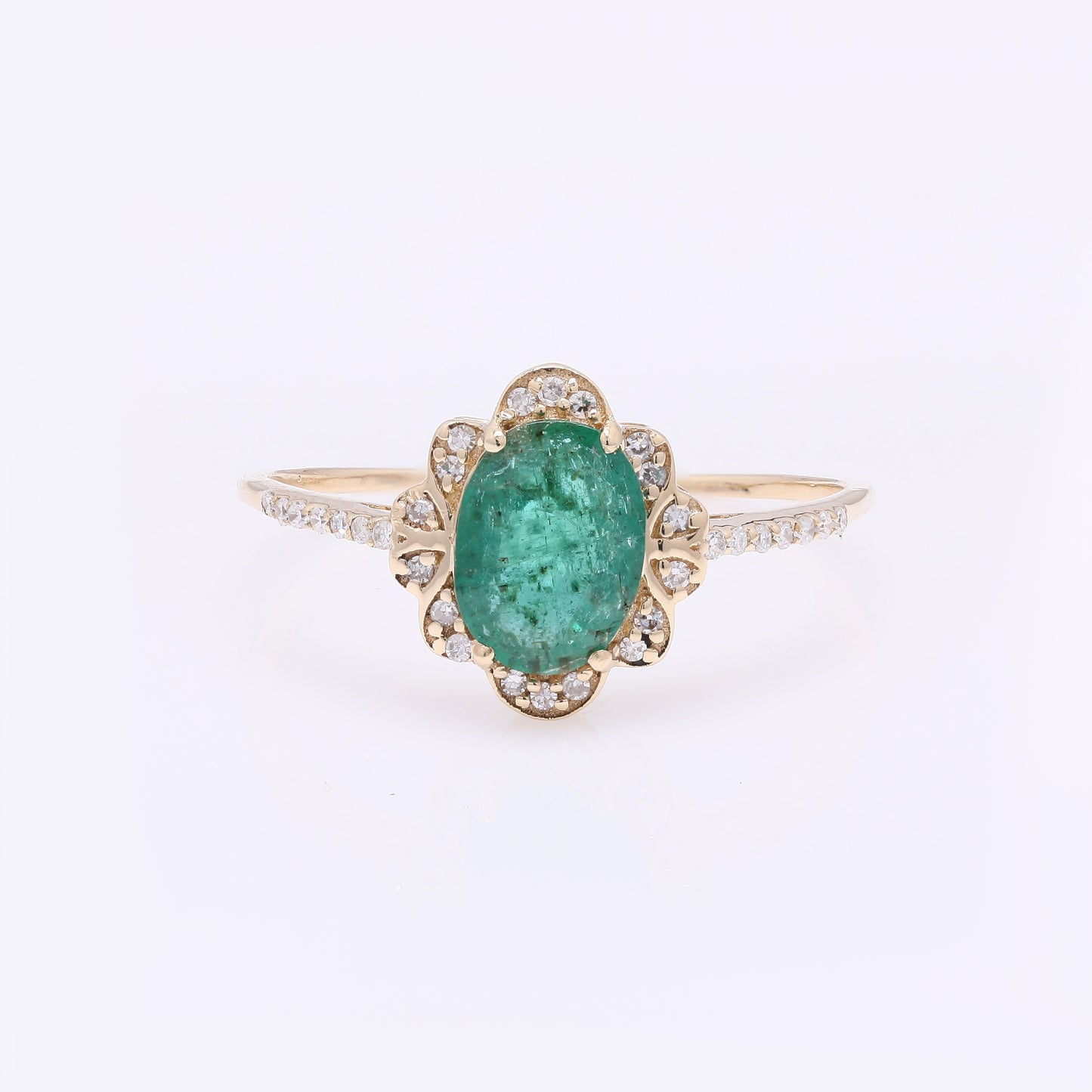 0.95 Ct Oval Mixed Cut Natural Beryl Emerald 14K Gold Ring